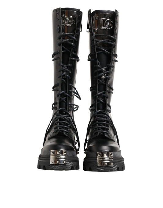 Dolce & Gabbana Black Leather Knee High Combat Boots Shoes