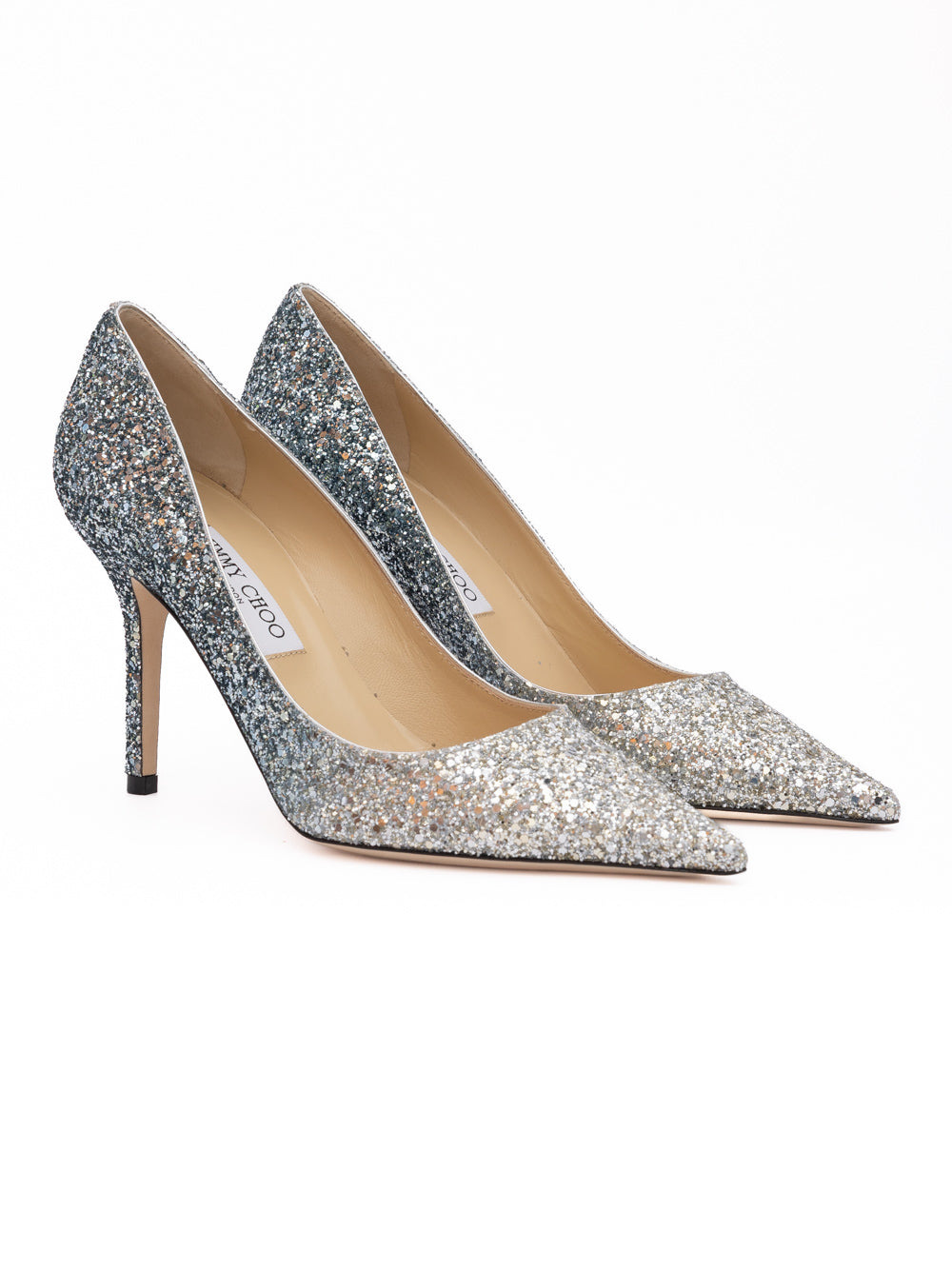 Jimmy Choo Silver Coarse Glitter Degrade Agnes Pumps