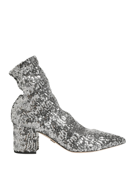 Dolce & Gabbana Silver Sequined Short Boots Stretch Shoes