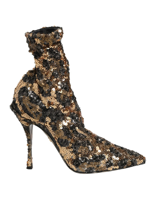Dolce & Gabbana Gold Leopard Sequin Sock Ankle Boots Shoes