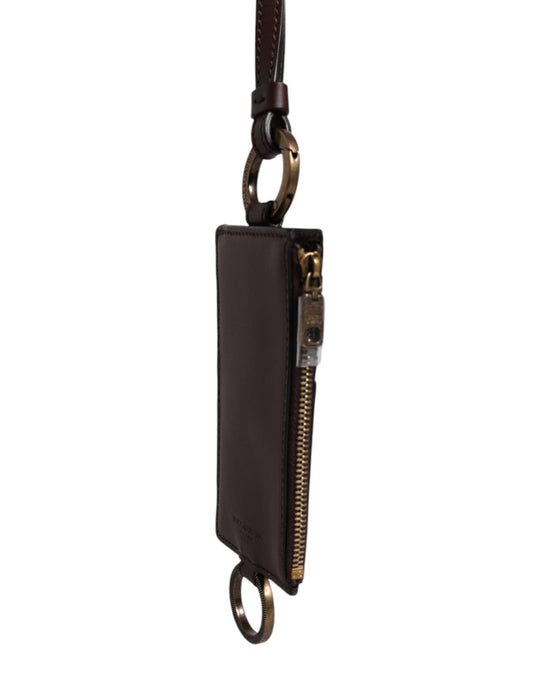 Dolce & Gabbana Brown Calf Leather Lanyard Logo Card Holder Wallet