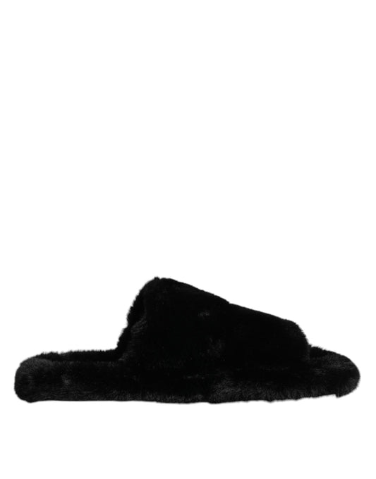 Dolce & Gabbana Black Faux Fur Flats Men Sandals Shoes