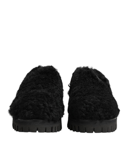 Dolce & Gabbana Dress Black Fur Leather Slippers Men Shoes