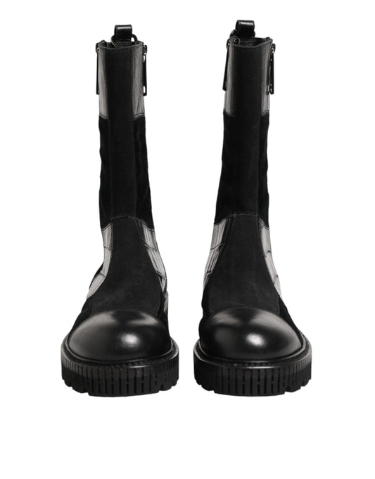 Dolce & Gabbana Black Patchwork Leather Mid Calf Boot Shoes