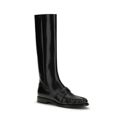 Prada Black Calf Leather Bos Taurus Flat Boots