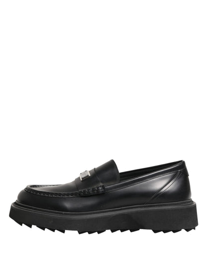 Dolce & Gabbana Black Leather DG Plaque Loafers Dress Shoes