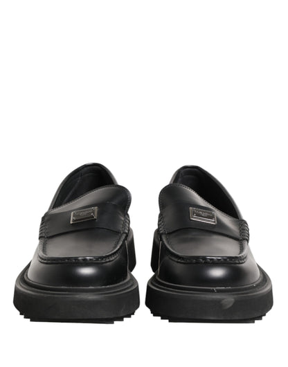 Dolce & Gabbana Black Leather DG Plaque Loafers Dress Shoes