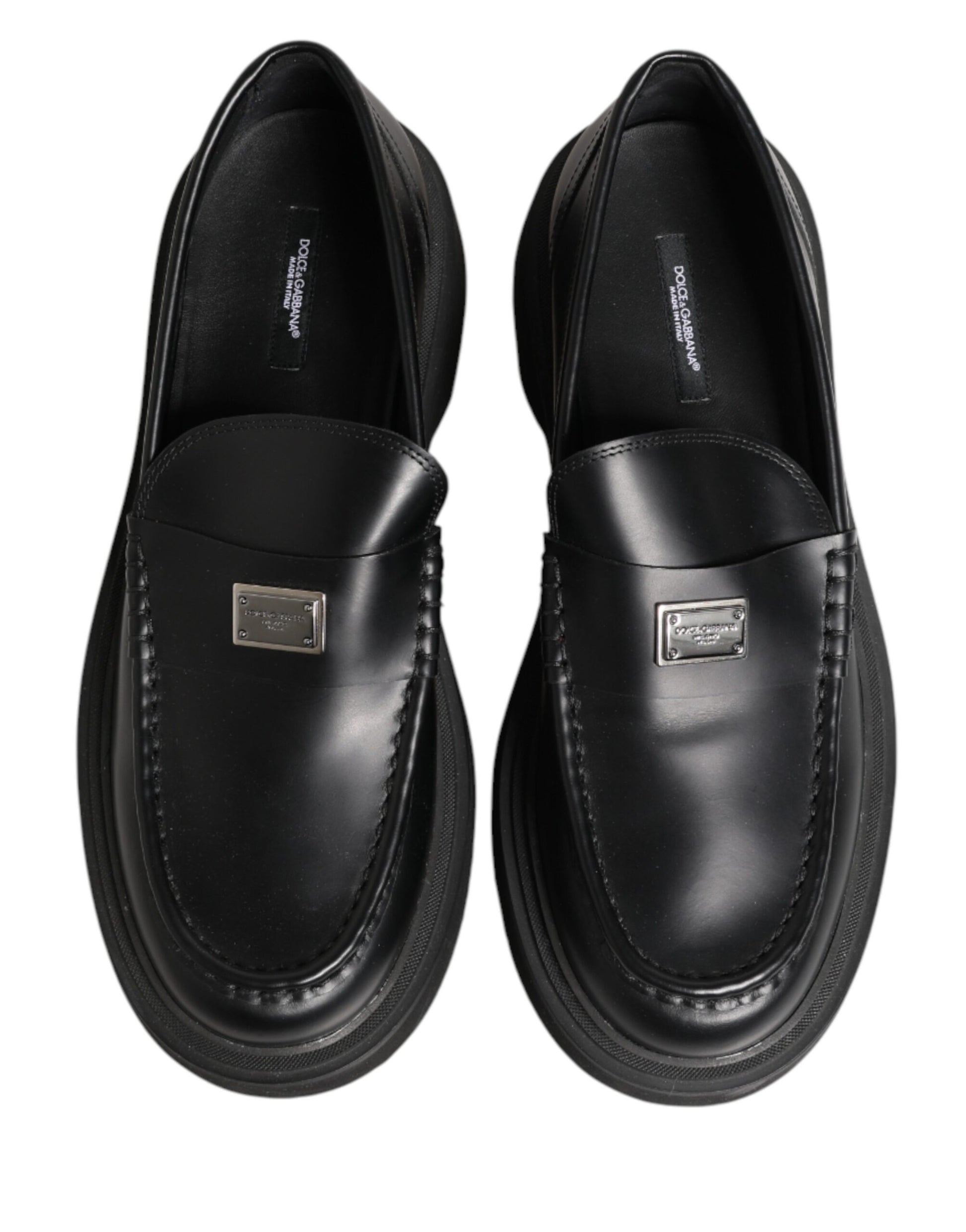 Dolce & Gabbana Black Leather DG Plaque Loafers Dress Shoes