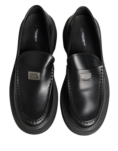 Dolce & Gabbana Black Leather DG Plaque Loafers Dress Shoes