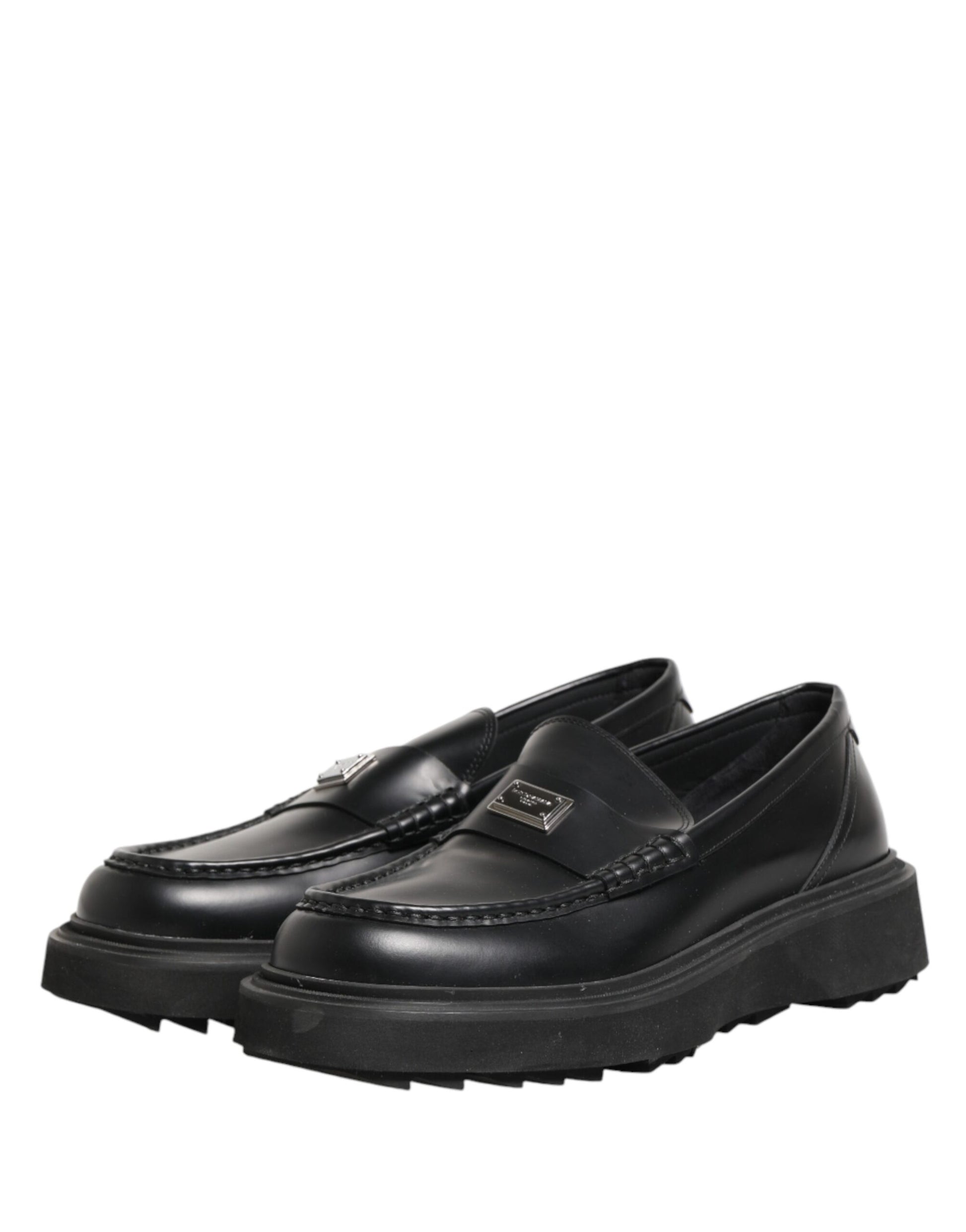 Dolce & Gabbana Black Leather DG Plaque Loafers Dress Shoes