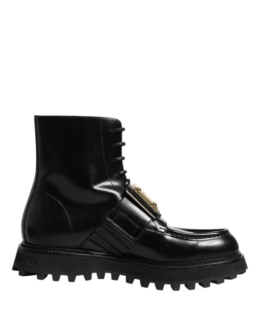 Dolce & Gabbana Black Leather DG Plaque Lace Up Boots Shoes