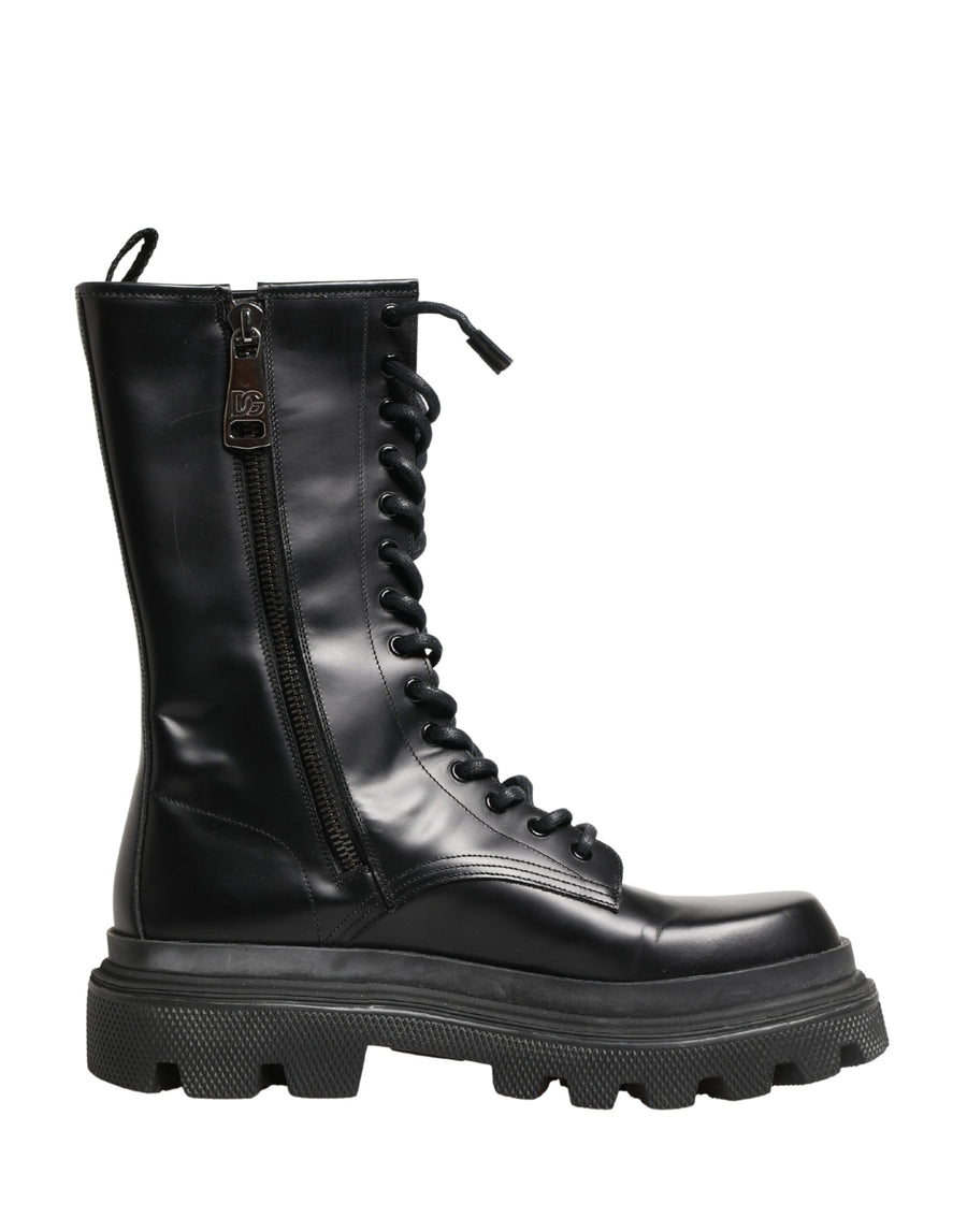 Dolce & Gabbana Black Leather Trek Sole Combat Boots Shoes