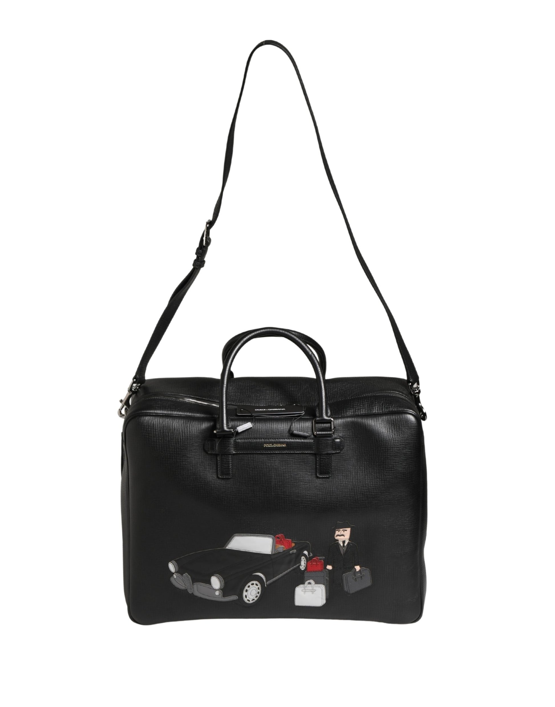 Dolce & Gabbana Black Car Man Applique Leather Weekender Borse Bag