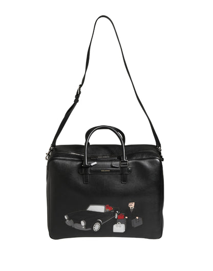 Dolce & Gabbana Black Car Man Applique Leather Weekender Borse Bag