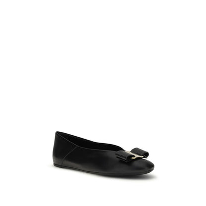 Ferragamo Black Calf Leather Bos Taurus Ballet Flats