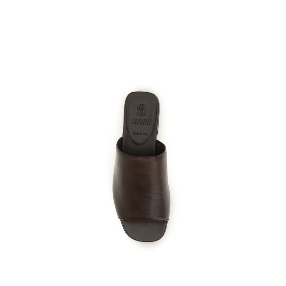 Brunello Cucinelli Brown Calf Leather Bos Taurus Slides