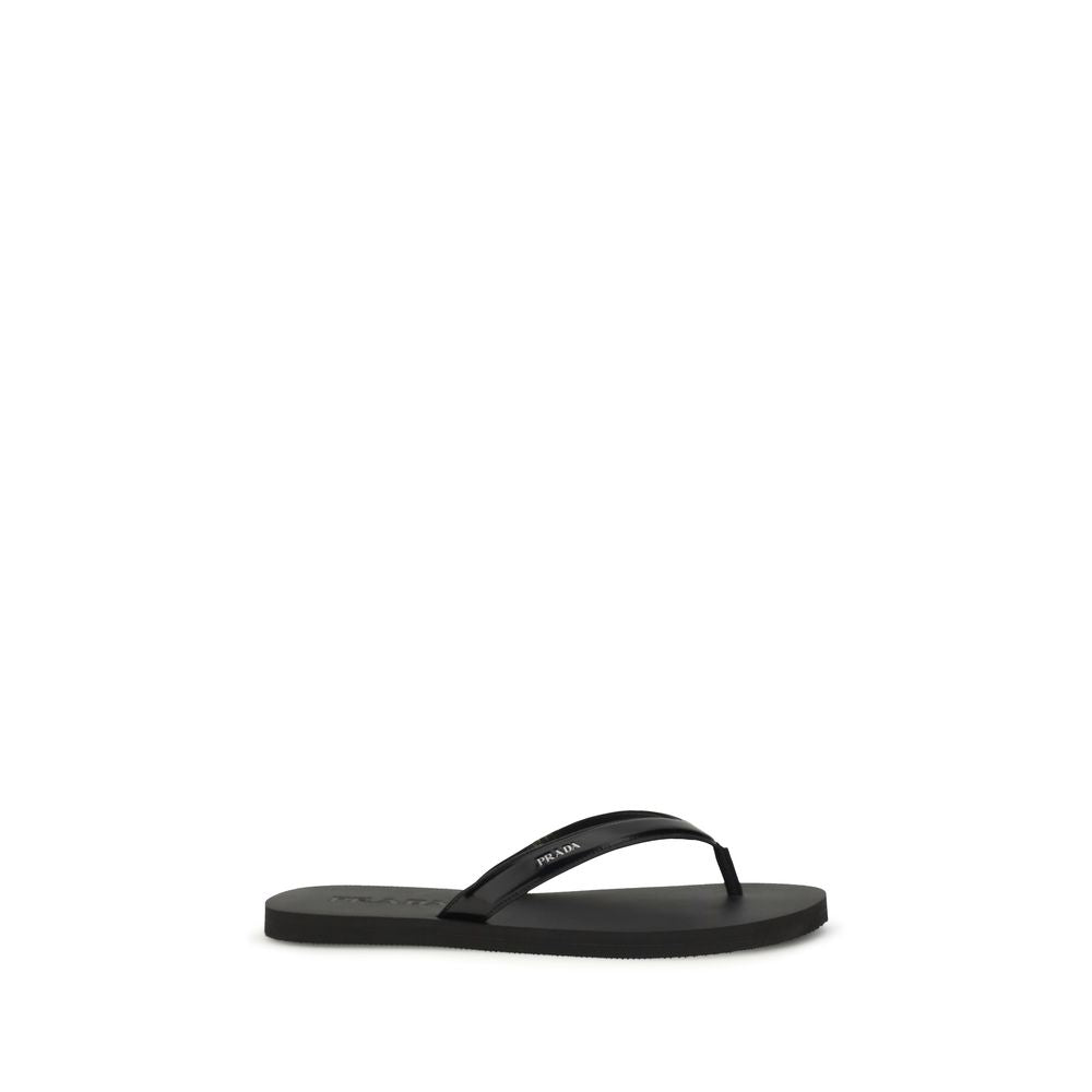 Prada Black Calf Leather Bos Taurus Flip-Flop Sandals