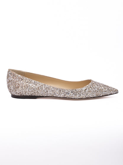 Jimmy Choo Rose Gold Glitter Fabric Alina Ballet Flat