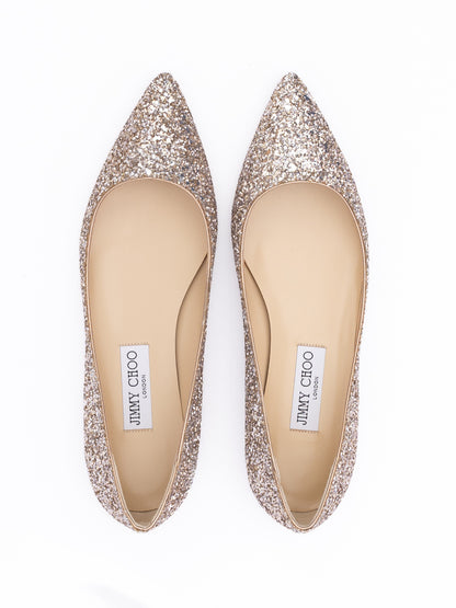 Jimmy Choo Rose Gold Glitter Fabric Alina Ballet Flat