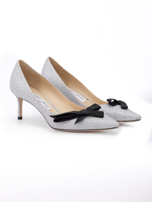 Jimmy Choo Silver Fine Glitter Fabric Romy 60 Pumps