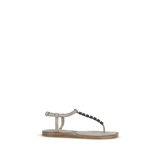 Brunello Cucinelli Beige Calf Leather Bos Taurus Flat Sandals