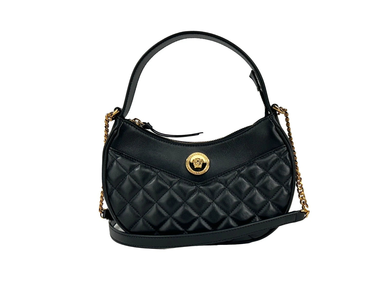 Versace Quilted Black Leather Half Moon Chain Crossbody Bag