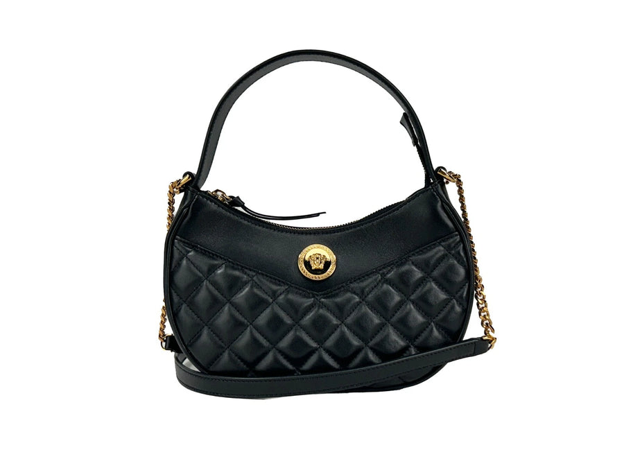 Versace Quilted Black Leather Half Moon Chain Crossbody Bag