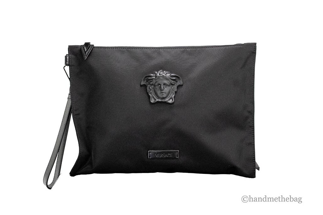 Versace Large Black Nylon Fabric Medusa Convertible Pouch Clutch Wristlet Bag