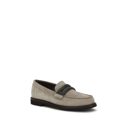 Brunello Cucinelli Gray Calf Leather Bos Taurus Slip-On Loafers
