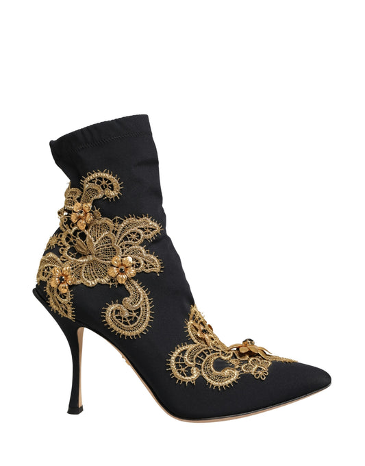 Dolce & Gabbana Black Gold Embroidery Crystal Boots Shoes