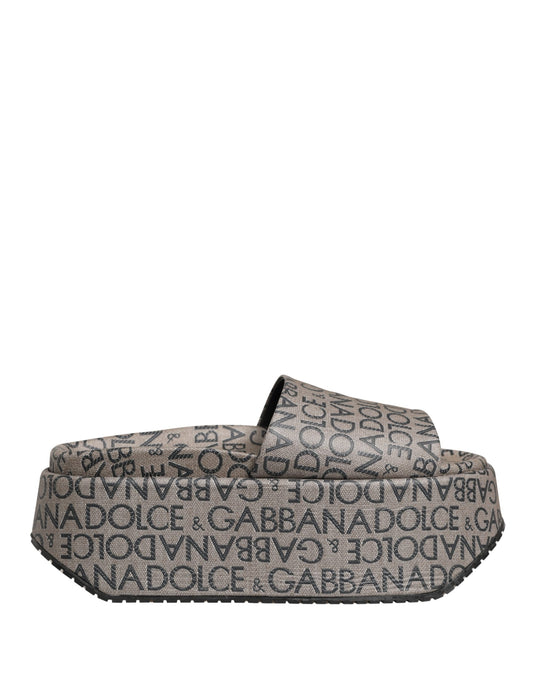 Dolce & Gabbana Gray Leather Monogram Logo Sandals Shoes