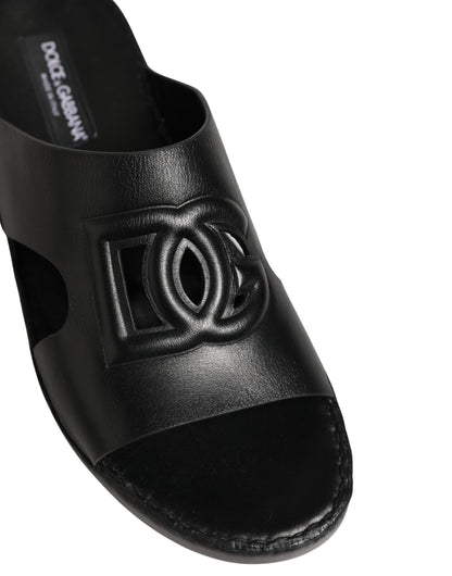 Dolce & Gabbana Black Leather Cutout DG Logo Sandals Shoes