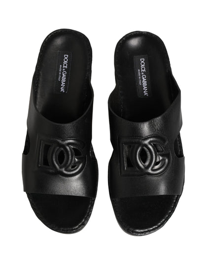 Dolce & Gabbana Black Leather Cutout DG Logo Sandals Shoes