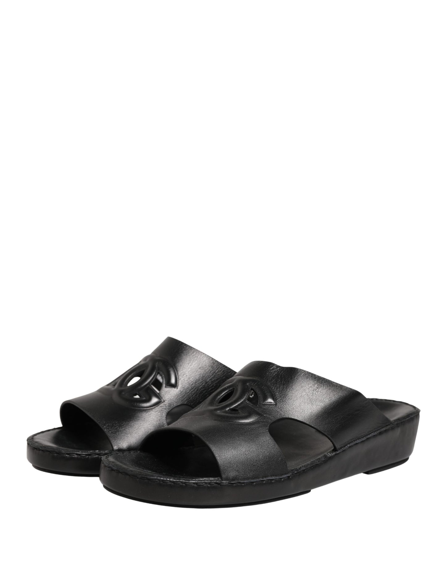 Dolce & Gabbana Black Leather Cutout DG Logo Sandals Shoes