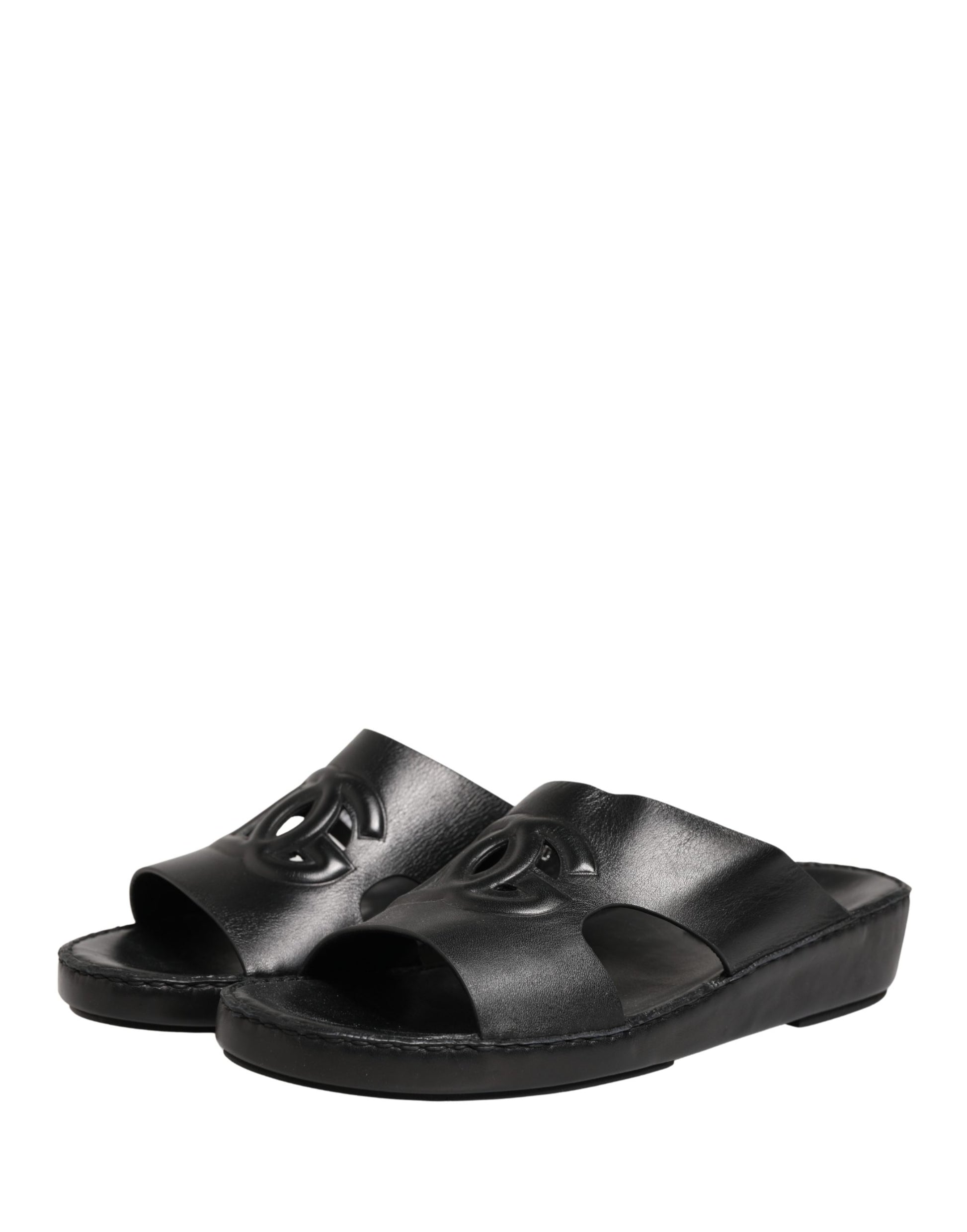 Dolce & Gabbana Black Leather Cutout DG Logo Sandals Shoes