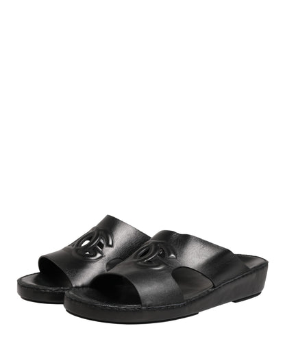 Dolce & Gabbana Black Leather Cutout DG Logo Sandals Shoes
