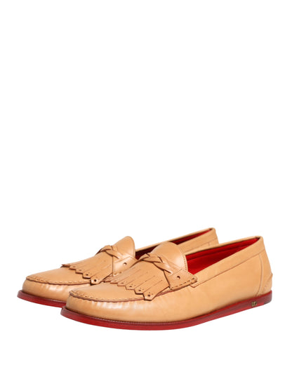 Dolce & Gabbana Beige Tassel Leather Men Slip On Loafers Shoes
