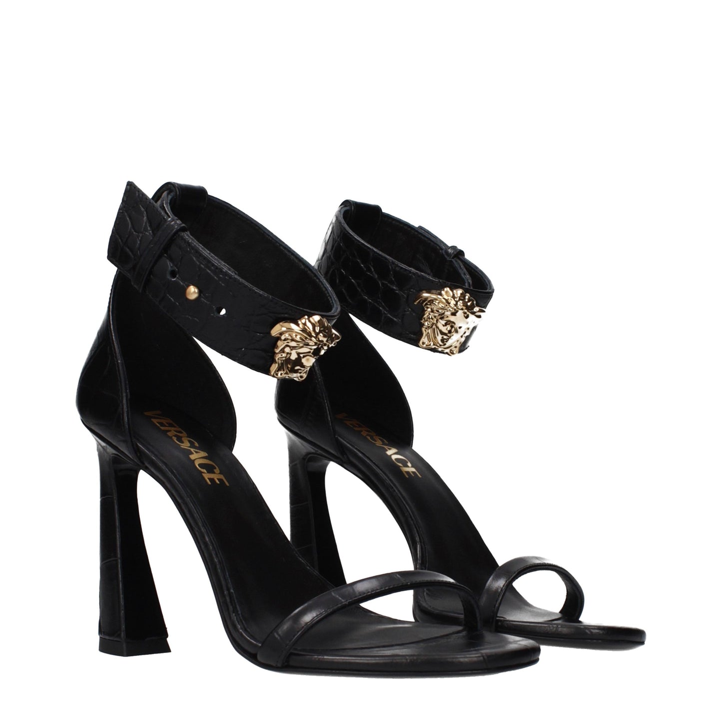 Versace Black Leather Stiletto Heel Sandals