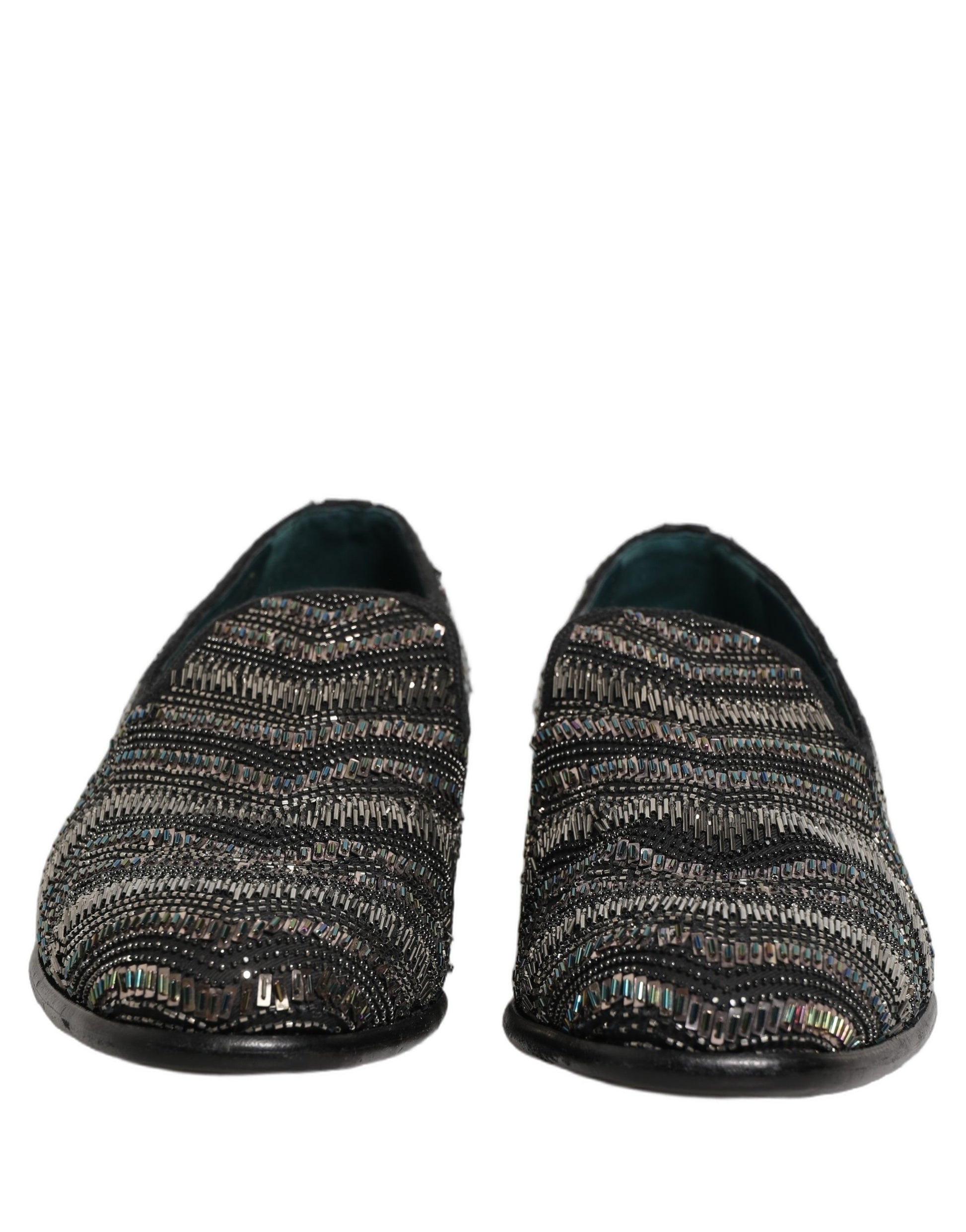 Dolce & Gabbana Black Silver Embellished Slip On Loafers Shoes