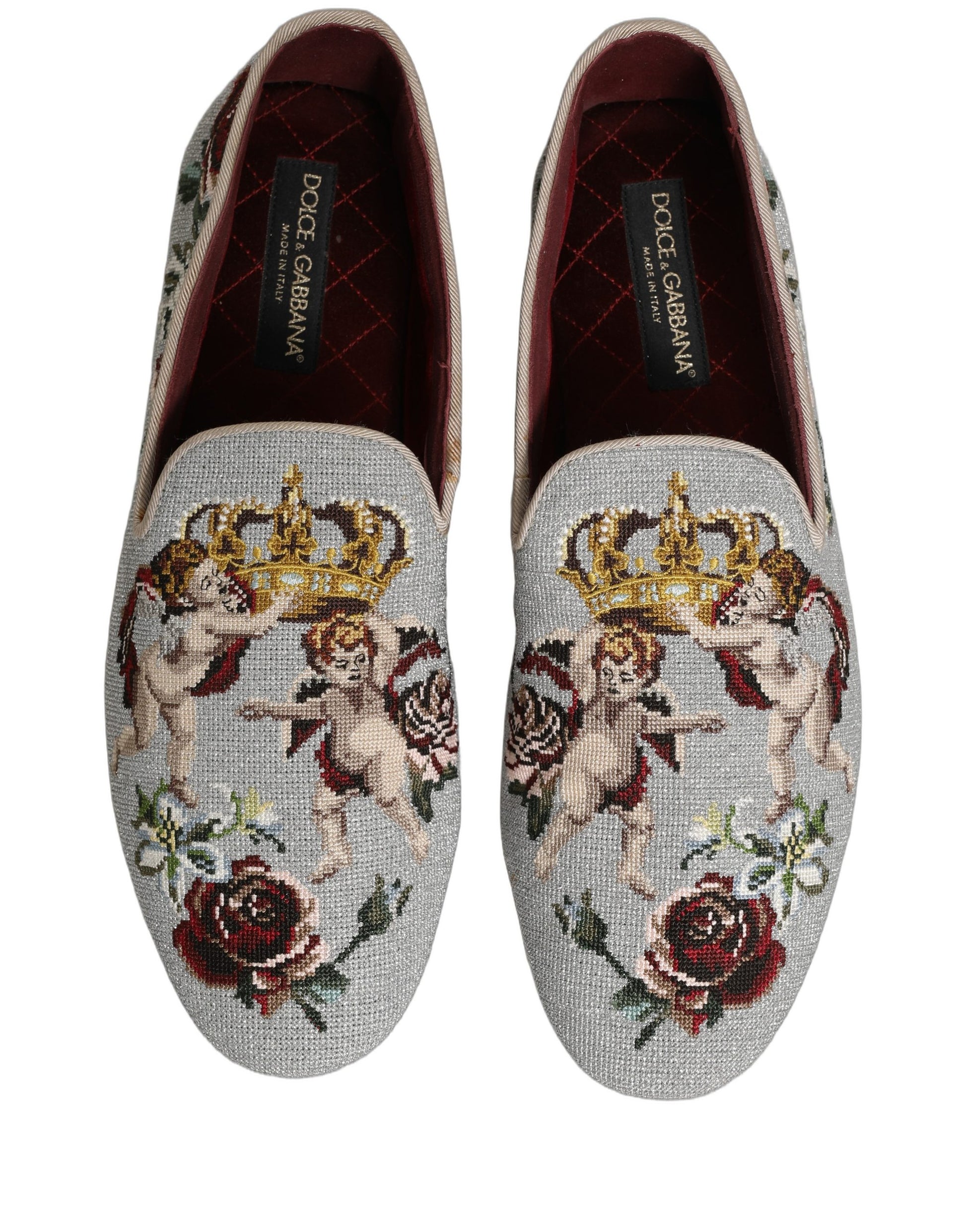 Dolce & Gabbana Gray Crown Rose Angel Embroidery Loafer Shoes