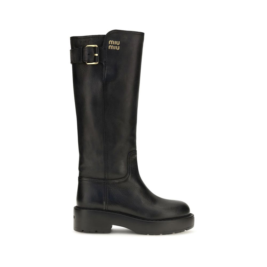 Miu Miu Black Calf Leather Bos Taurus Flat Boots