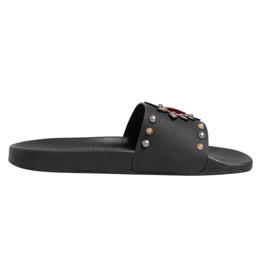 Dolce & Gabbana Black Heart Patch Rubber Calfskin Slippers Shoes