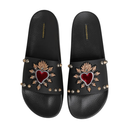 Dolce & Gabbana Black Heart Patch Rubber Calfskin Slippers Shoes