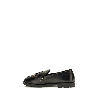 PINKO Black Calf Leather Bos Taurus Slip-On Loafers