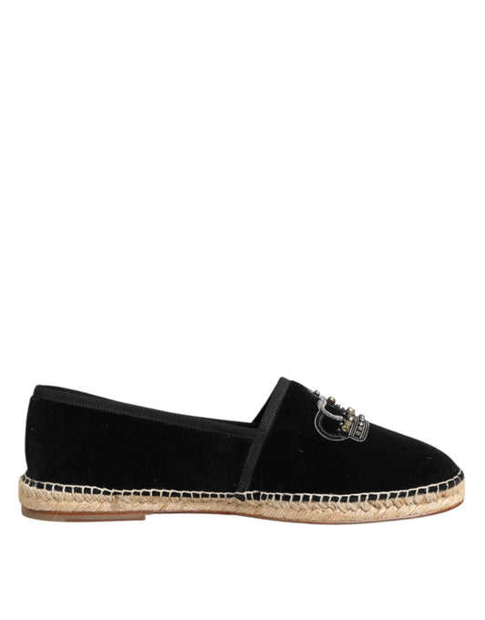 Dolce & Gabbana Black Embellished Crown Flat Espadrilles Shoes