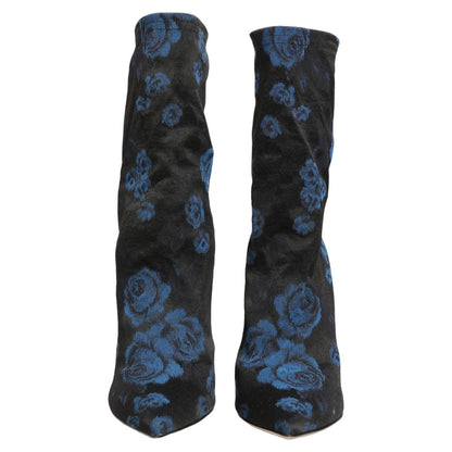 Dolce & Gabbana Black Blue Floral Stretch Sock Boots Shoes