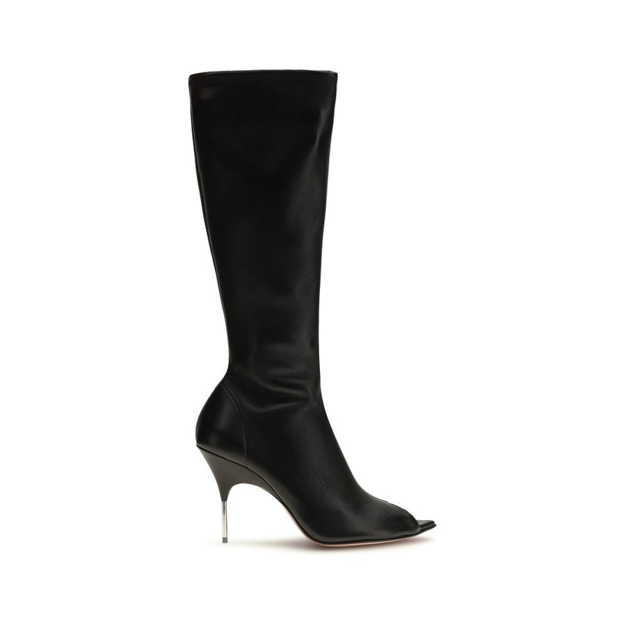 Amina Muaddi Black Napa Leather / Calf Bos Taurus High Heel Boots