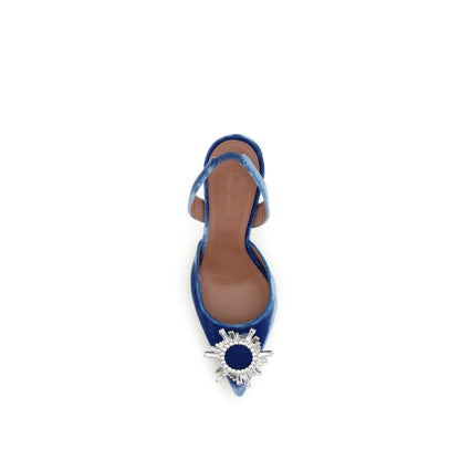 Amina Muaddi Blue Velvet Sandals