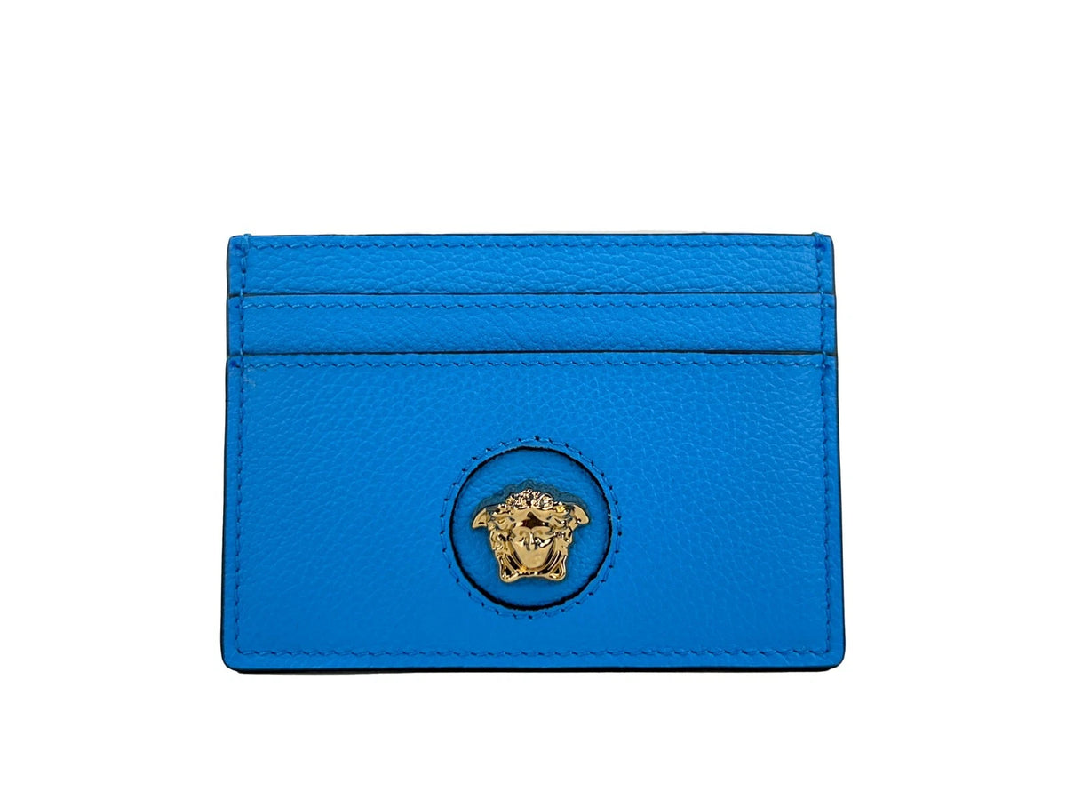 Versace Mini Medusa Blue Grainy Leather Slim Card Case Wallet