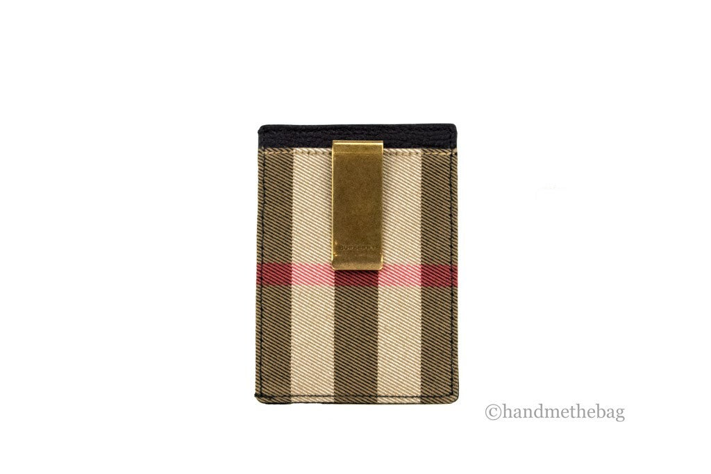 Burberry House Check Chase Black Grainy Leather Money Clip Card Case Wallet
